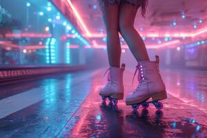 ai generado hermosa piernas largas muchachas actitud en Clásico rodillo patines en el parque en un calentar verano día foto