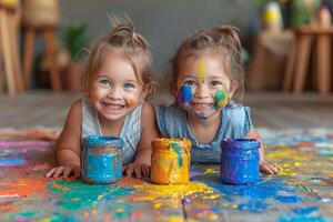 AI generated Small children smeared in paint playing on the floor photo