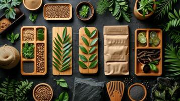 AI generated eco-friendly disposable tableware made of paper and wood with spices on a black background. the concept of recycling photo