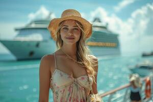 ai generado un niña en un sombrero en pie en frente de un grande crucero barco. mar viaje foto