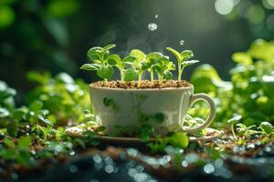 AI generated A green young plant in a flower pot, germinating seeds in a glass photo