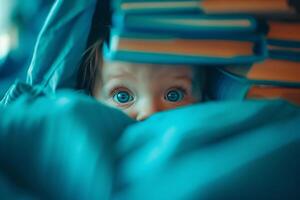 AI generated A young surprised child hides behind stacks of books photo