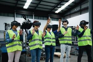 Team of engineers having simulation experience with futuristic virtual reality glasses inside robotic factory - Tech industry and metaverse concept photo