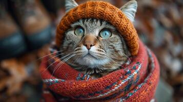 ai generado un gato en un invierno sombrero y bufanda en el calle durante el día en invierno foto