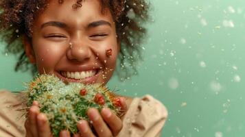 AI generated An African-American girl holds a flower pot with a green cactus. Environmental protection and activism. Gardening and planting plants at home photo