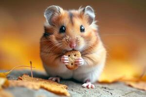 ai generado hambriento mascota hámster come galletas adentro foto