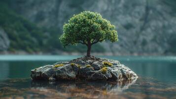 AI generated A lonely tree on a small island in a mountain lake photo