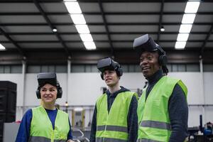 Team of engineers having simulation experience with futuristic virtual reality glasses inside robotic factory - Tech industry and metaverse concept photo