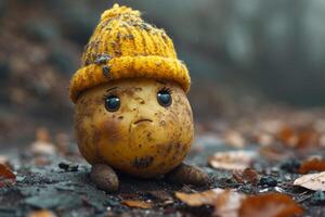 ai generado patatas en un amarillo sombrero con un triste sonriente cara foto