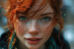 AI generated Portrait of a young red-haired woman against the background of a rainy street. Long curly red hair photo