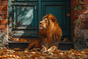 ai generado un grande león es sentado guardando el frente puerta de el casa foto