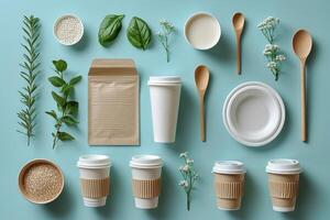 AI generated eco-friendly disposable tableware made of paper and wood on a blue background. the concept of recycling photo