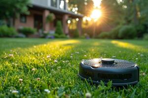 AI generated A robot vacuum cleaner is working in the courtyard on the lawn at sunset photo