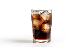 AI generated Cola with ice in a glass on a white background photo
