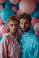 AI generated A young couple on a background of pink and blue balloons. Gender party photo