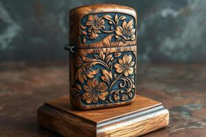 AI generated A vintage gasoline lighter for cigars stands on a stand on the table photo