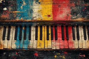 AI generated Close-up of the colorful keys of an old piano photo