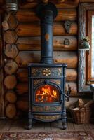 AI generated cast-iron stove in a rustic house with a fire lit inside to heat the house photo