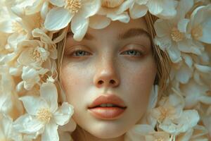 AI generated Portrait of a beautiful young girl in flowers close-up photo