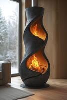 AI generated Modern designer black cast iron fireplace in a country house with a burning fire photo