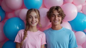 AI generated A young couple on a background of pink and blue balloons. Gender party photo