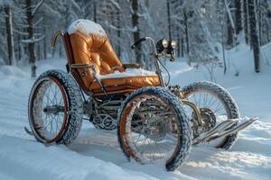 ai generado surrealista vacío silla de ruedas fuera de en invierno foto