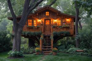 AI generated Cute little tree house for kids in the forest photo