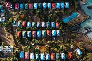 Aerial view of the cabins and pool from a bird's eye view on the island of Mauritius. photo