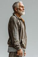AI generated An attractive older man with a muscular build on a gray background photo