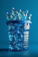 AI generated Lots of plastic bottles in a bucket on a blue background photo