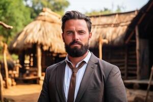 AI generated Portrait of a European man with a beard in a formal suit against the background of an African village photo