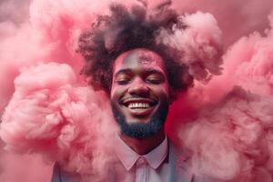 AI generated A cheerful smiling man in pink smoke. The man in pink powder photo