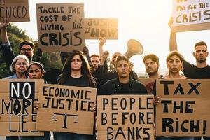 demostración de multirracial activistas protestando en contra financiero crisis y global inflación - económico justicia activismo concepto foto