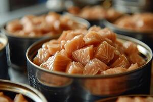 AI generated Production of canned fish. Tin cans of fish on the conveyor photo