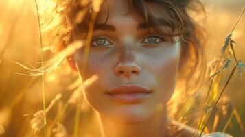 AI generated Portrait of a beautiful young girl in a field at sunset close-up photo