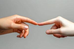 AI generated Two hands with fingers tip to tip. contact or communication between people photo