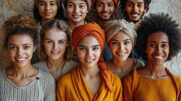 ai generado retrato de un creativo negocio equipo en pie juntos y reír. un grupo de alegre personas de diferente nacionalidades foto