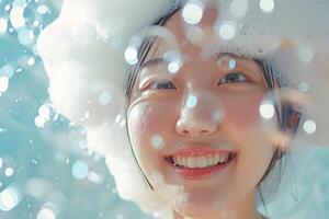 AI generated Asian girl's face in soap suds and bubbles on blue photo