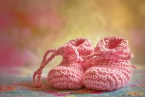 AI generated knitted children's shoes made of natural wool, handmade. Warmth and comfort for newborns photo