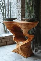AI generated Handmade wooden designer table in the interior photo