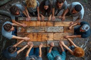 AI generated The concept of teamwork, cohesion and cooperation. There are a lot of people sitting at the table photo