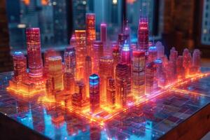 ai generado un holograma de el edificios de un grande ciudad en el mesa. el concepto de un inteligente ciudad foto