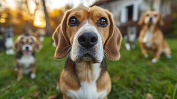 AI generated Portrait of a beagle dog in summer on a green lawn photo