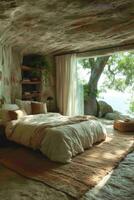 AI generated Creative interior of a bedroom in a country house photo