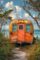 AI generated Camper on wheels on the ocean coast in a beautiful place. Wild camping by the sea photo