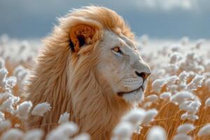 ai generado retrato de un hermosa león en un campo en verano foto