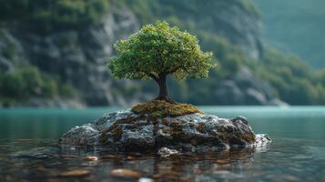 ai generado un solitario árbol en un pequeño isla en un montaña lago foto