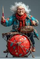 AI generated An elderly woman holding drumsticks is playing drums on a gray background photo