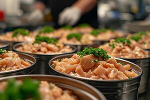 AI generated Production of canned fish. Tin cans of fish on the conveyor photo