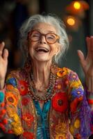 AI generated Happy and playful elderly woman in colored clothes indoors photo